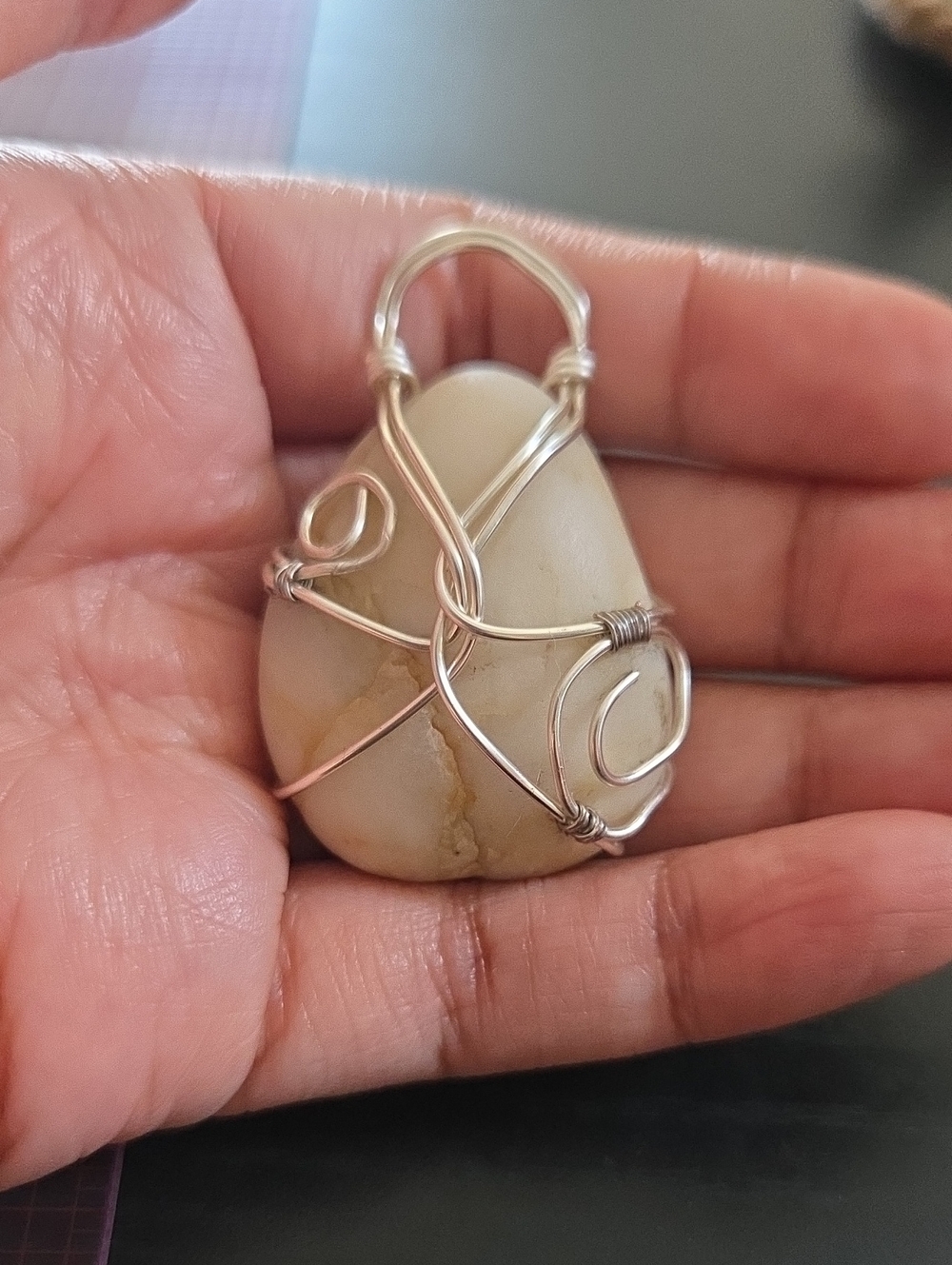 Handcrafted White and Cream Stone Pendant Wrapped in Silver Wire